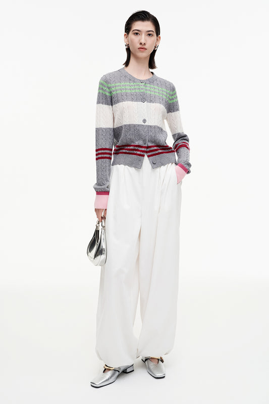 SELFWHO Sheep And Wool Blend Contrast Striped Knitted Cardigan