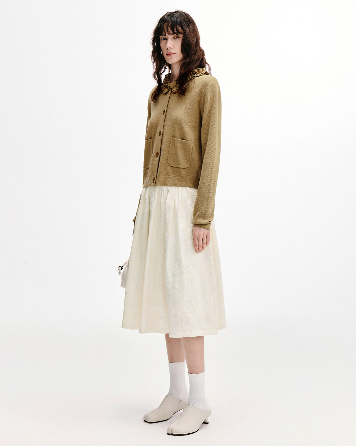 Ruffle-Collar Knit Cardigan & Skirt Set – Linen-Blend