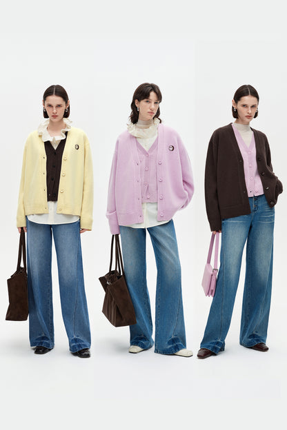 SELFWHO 100% Wool Smiley Face Patch Knitted Cardigan