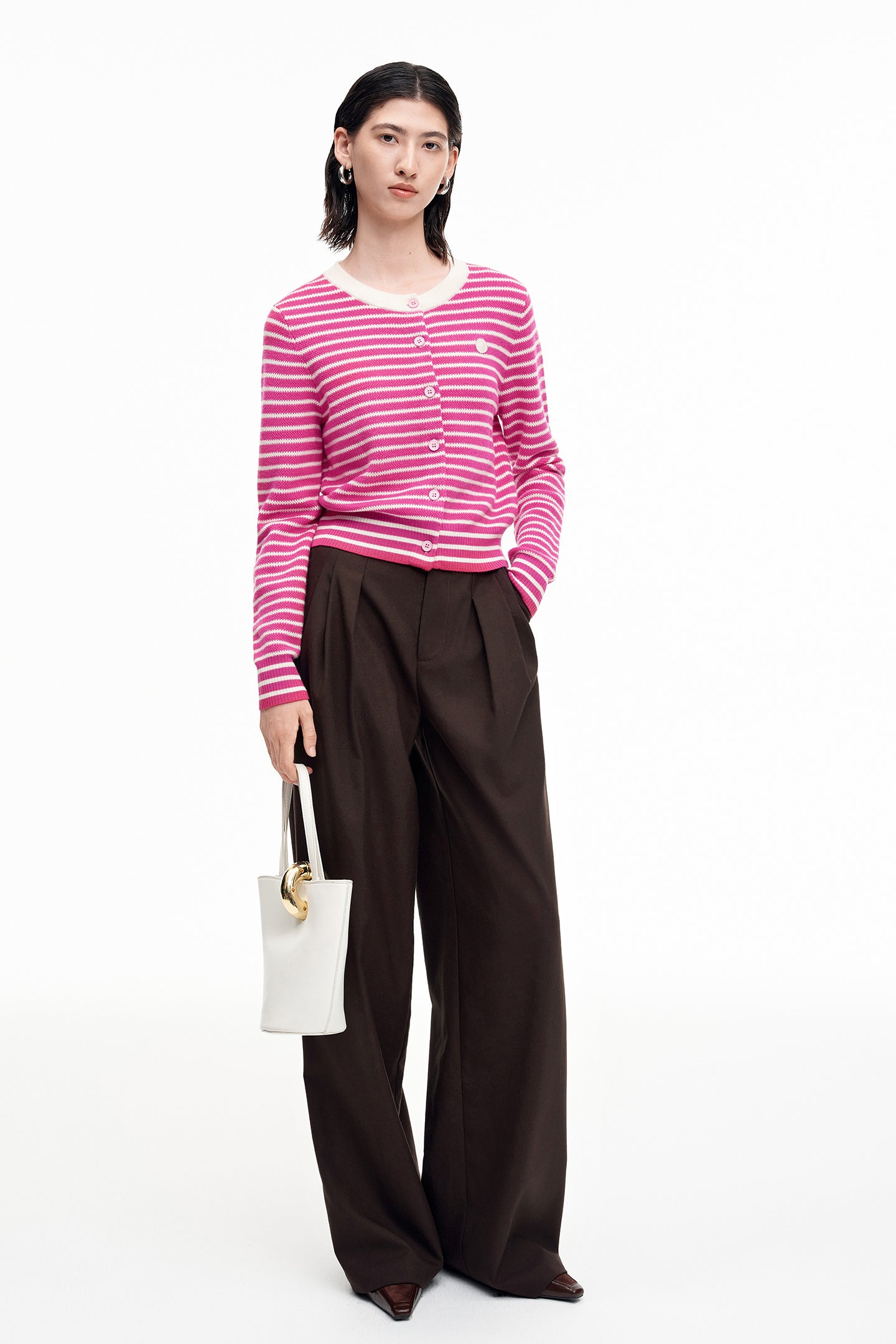 SELFWHO Rose Red Wool Striped Crewneck Knit Top