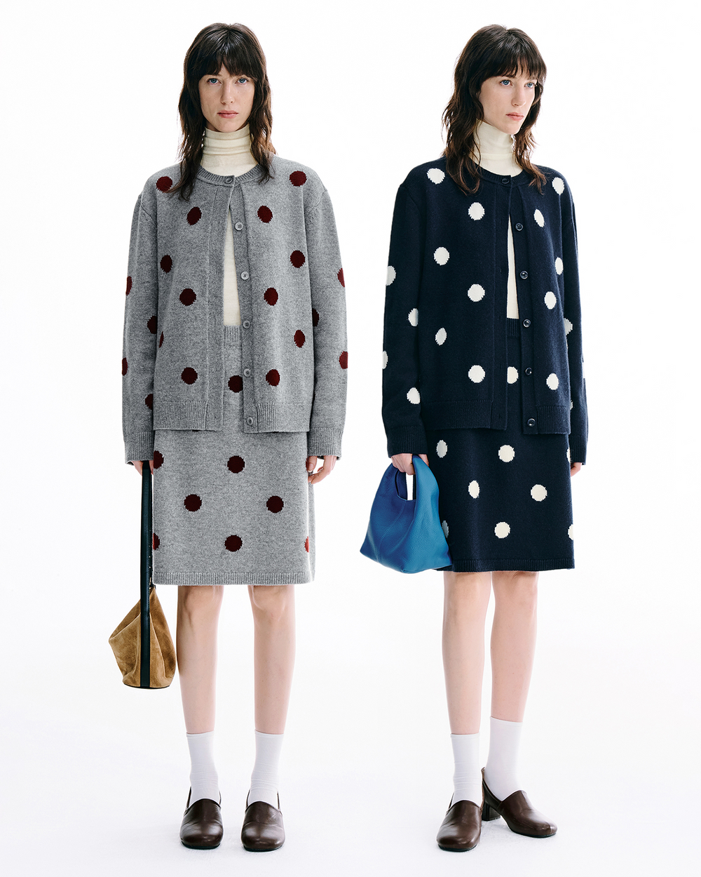 Polka-Dot Knit Cardigan & Skirt Set – Wool Blend