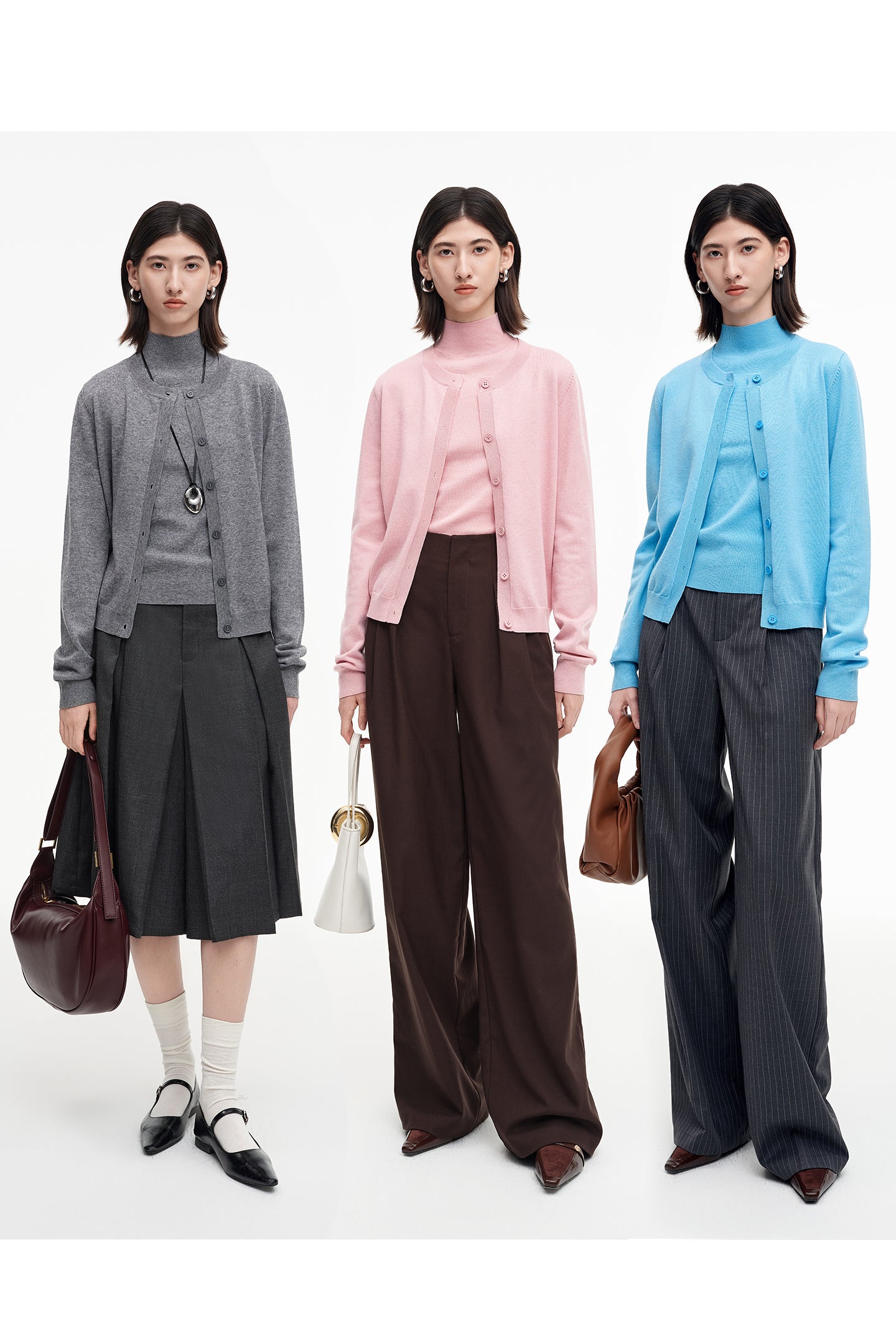SELFWHO sheep wool blend classic round neck knitted bottoming shirt + cardigan set