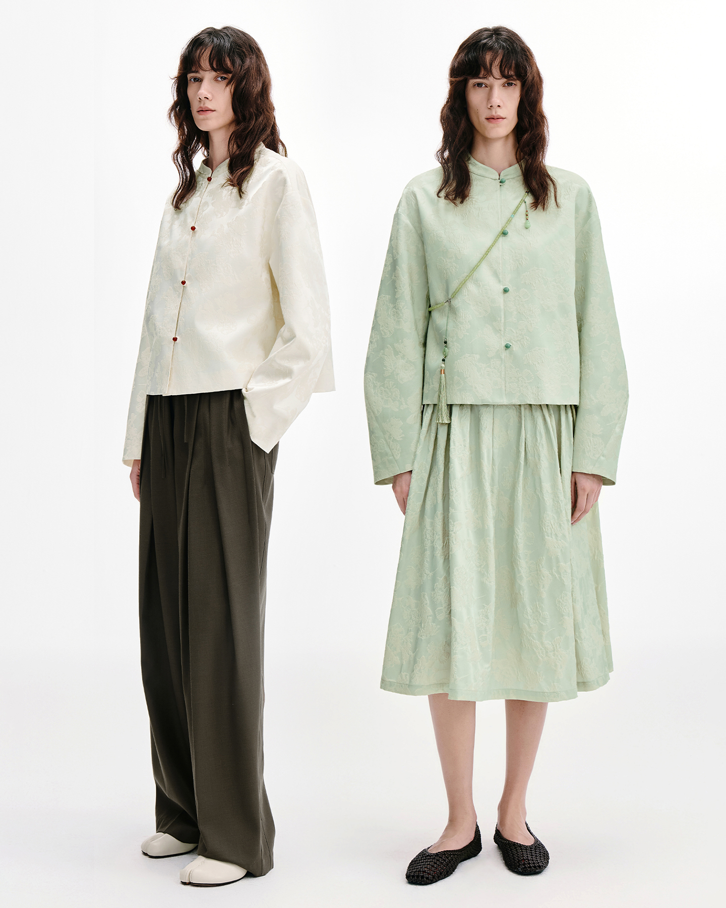 Cocoon-Silhouette Mandarin Jacket with Agate Buttons