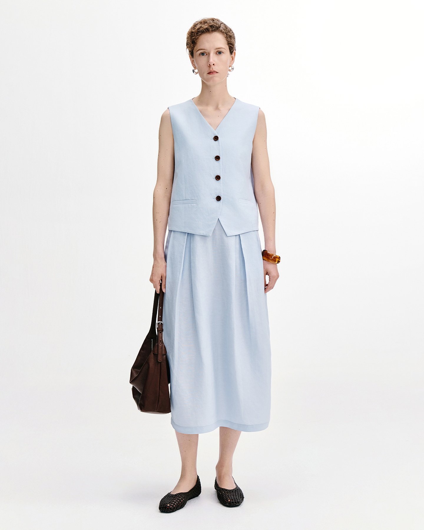 Linen-Blend Vest & Straight Skirt Two-Piece Set