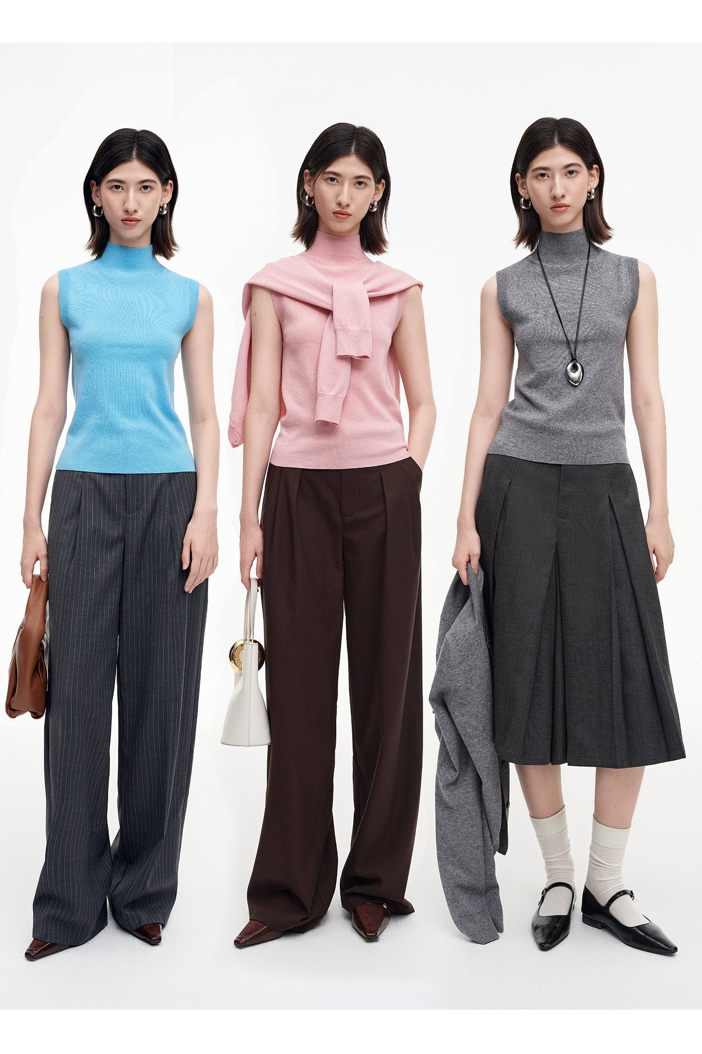 SELFWHO sheep wool blend classic round neck knitted bottoming shirt + cardigan set