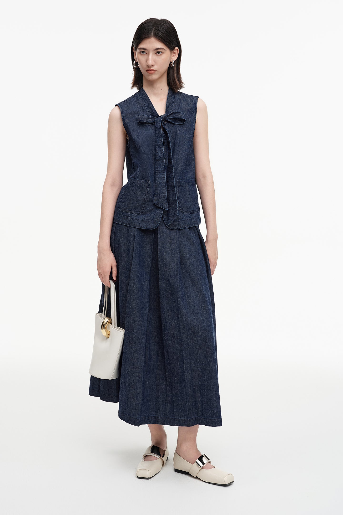 Cotton and linen blend raw cowboy style vest and denim skirt