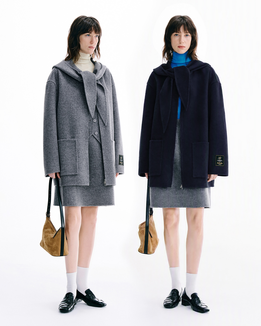 Double Face Wool Blend Hooded Scarf Collar Coat
