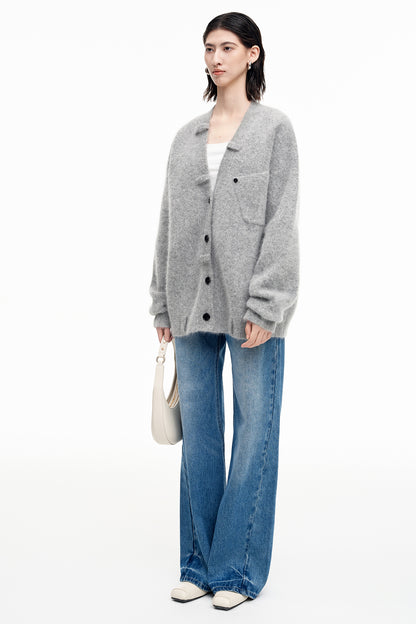 SELFWHO Angora rabbit hair and wool blend gray V-neck knitted cardigan