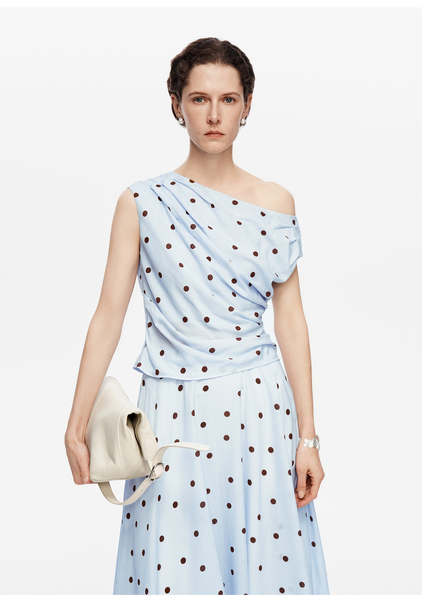 Tencel-Linen Blend  French-Style Off-Shoulder Polka-Dot Vest & SKIRT Set