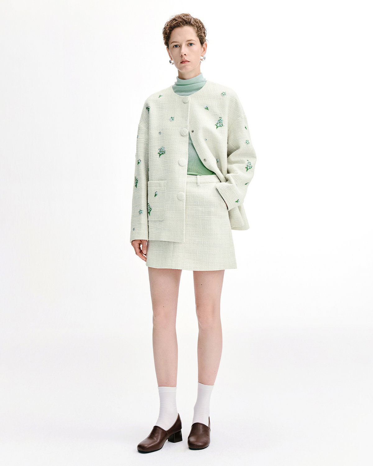 Meconopsis-Embroidered Tweed Coat & Skirt Set – Wool Blend