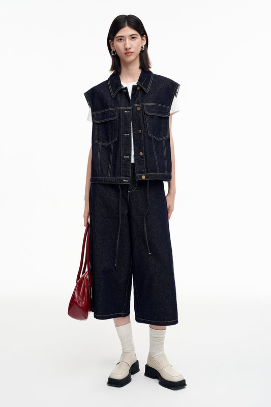 SELFWHO Cotton Blend Vintage Original Cow Style Denim Vest, Cropped Pants Set