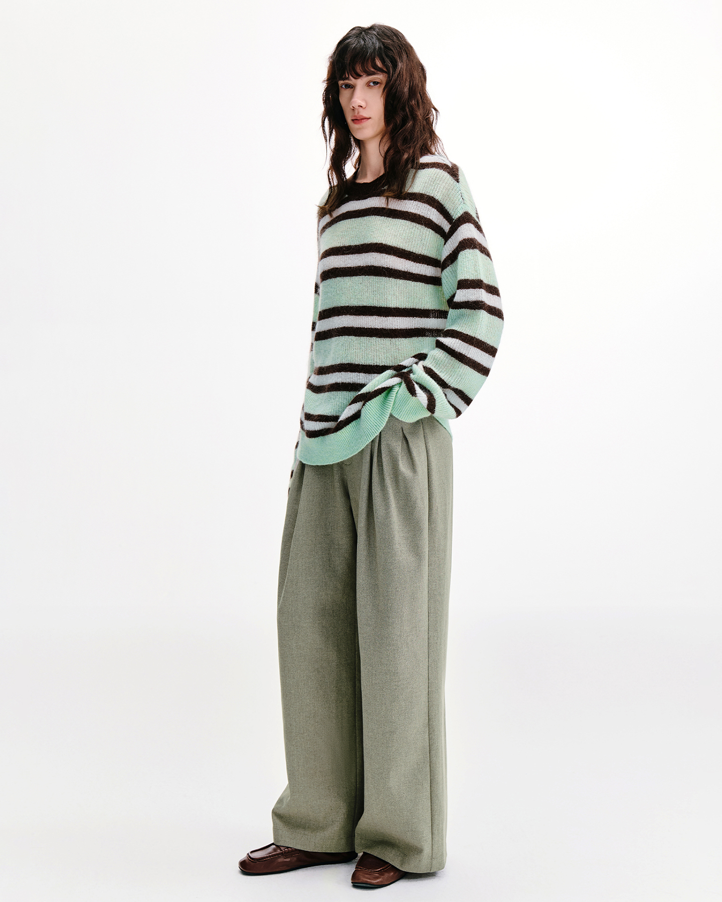 Curved-Leg Trousers with Inverted Pleats-Textured Wool Blend