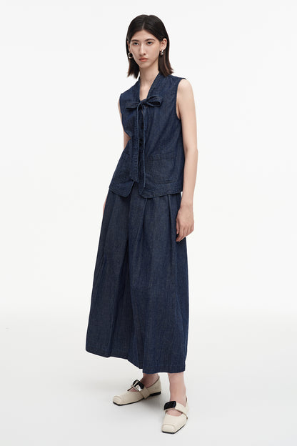 SELFWHO cotton and linen blend raw cowboy style vest and denim skirt