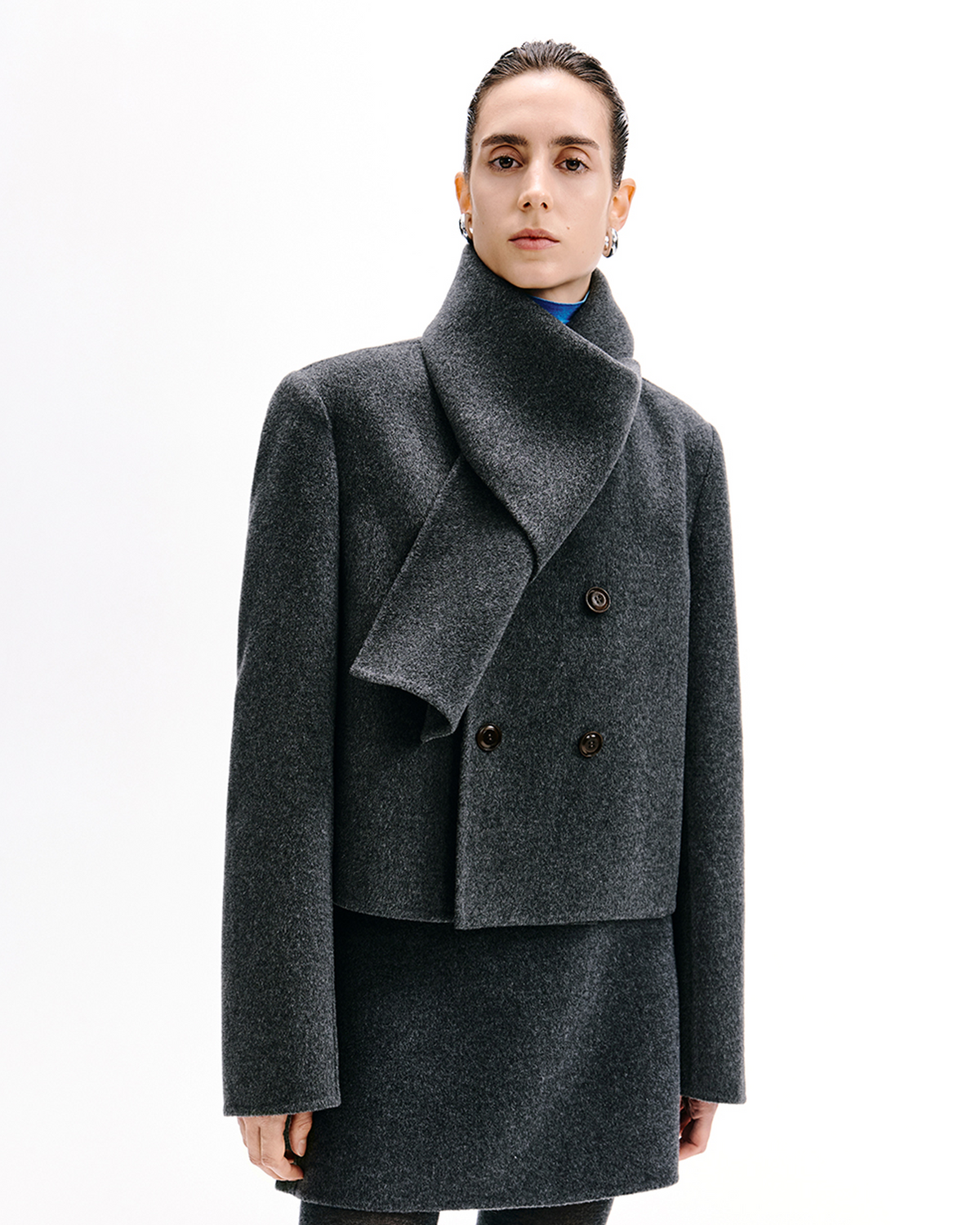 Scarf-Collar Cropped Wool Coat & Skirt Set