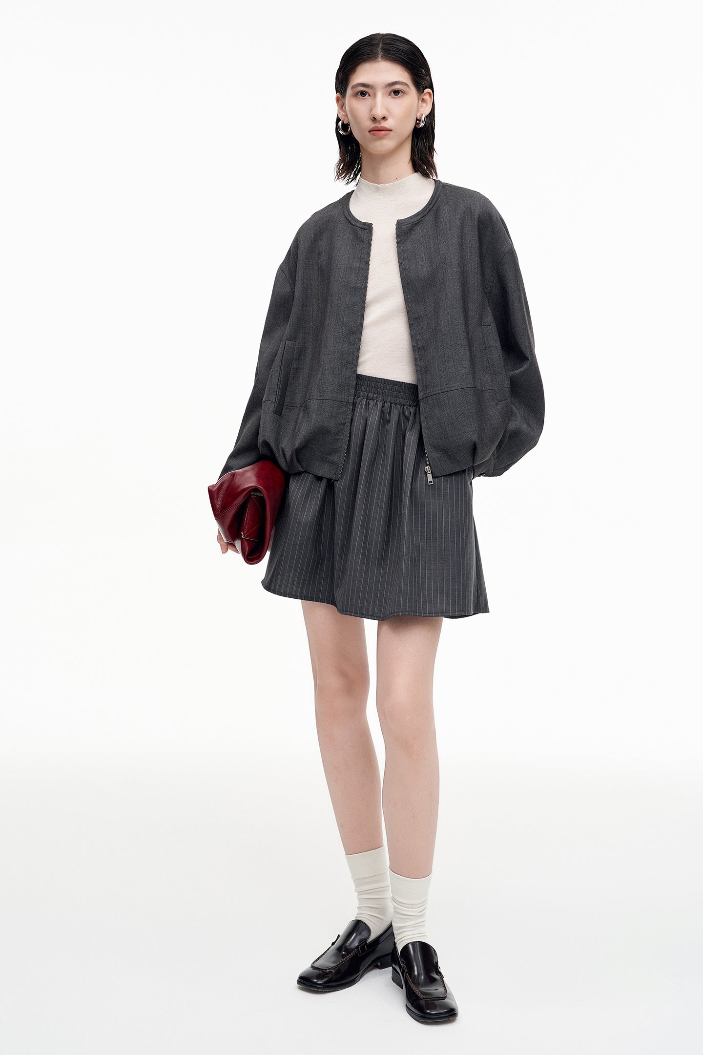 SELFWHO Combed Wool Blend Grey Striped Skirt