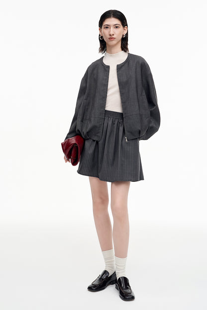SELFWHO Combed Wool Blend Grey Striped Skirt