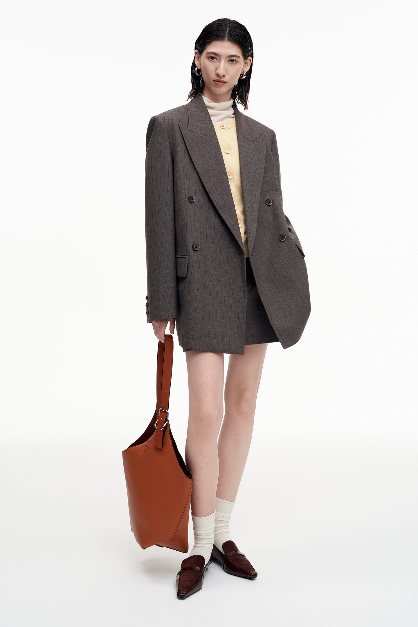 SELFWHO Double-Breasted Dark Striped Suit Jacket