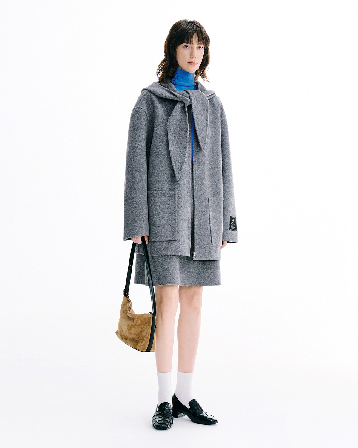 Double Face Wool Blend Hooded Scarf Collar Coat