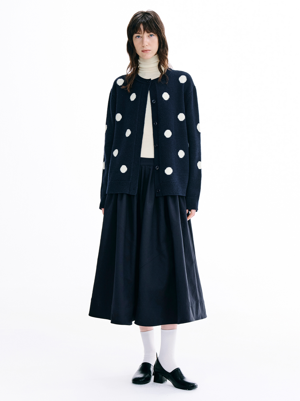 Polka-Dot Knit Cardigan & Skirt Set – Wool Blend