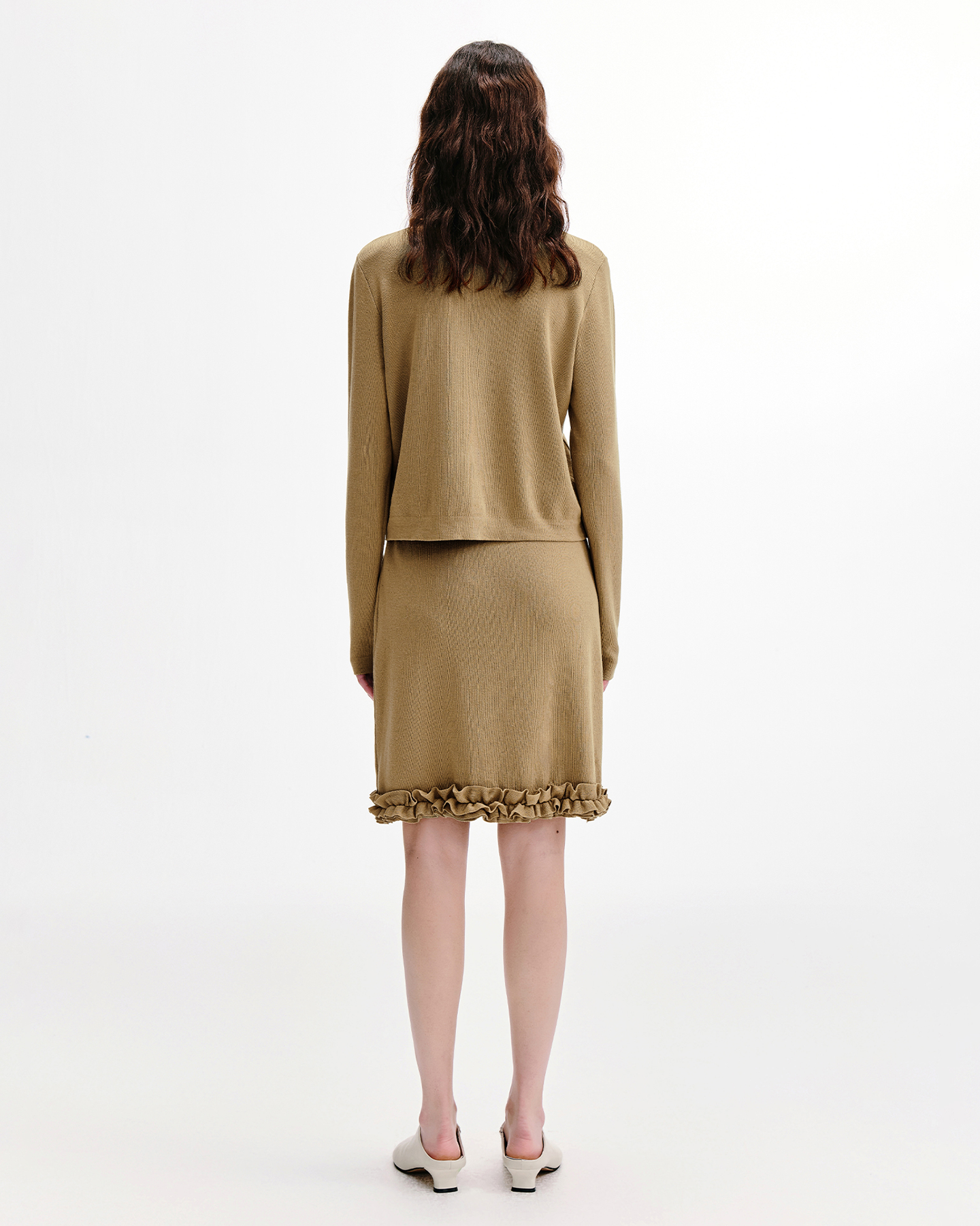 Ruffle-Collar Knit Cardigan & Skirt Set – Linen-Blend