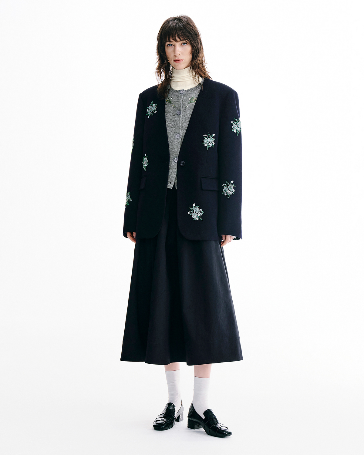 Meconopsis-Embroidered Wool Blazer – Relaxed Fit
