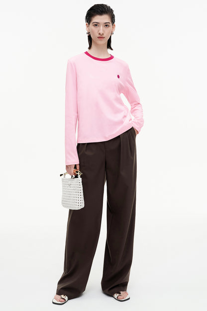 SELFWHO pure cotton contrast color round neck long sleeve T-shirt for women