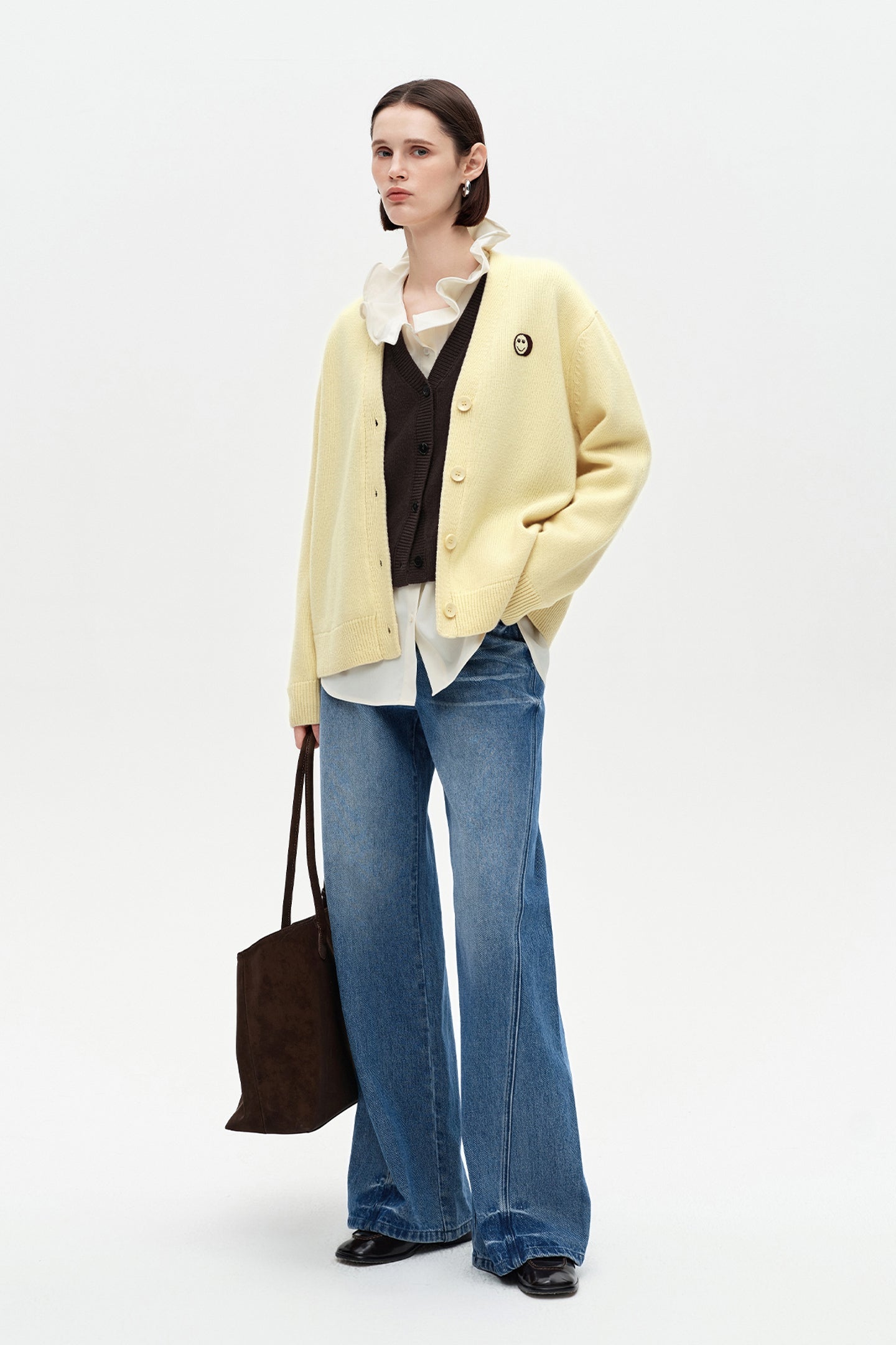 SELFWHO 100% Wool Smiley Face Patch Knitted Cardigan