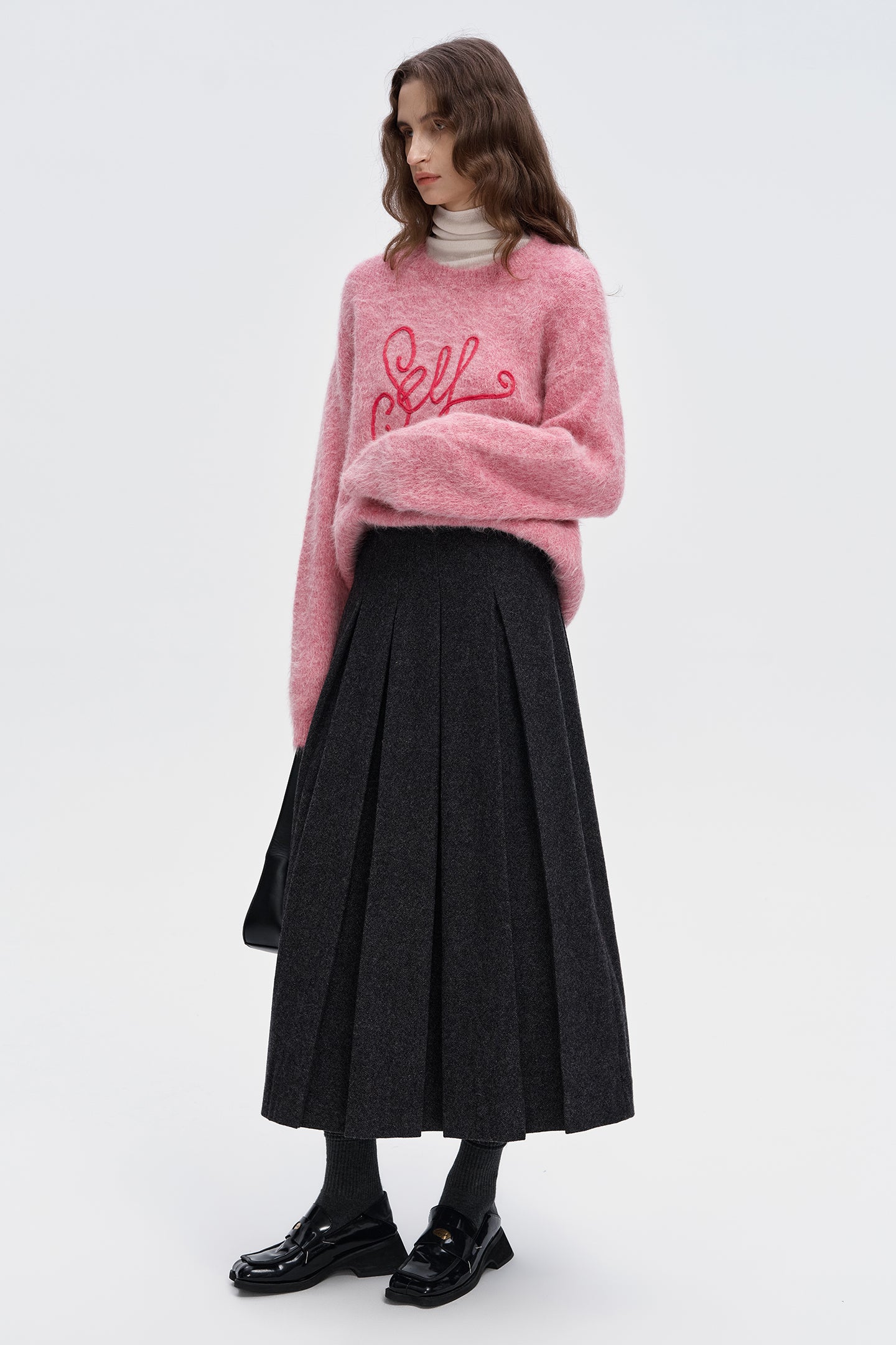 SELFWHO Wool Blend Gray Pleated Skirt