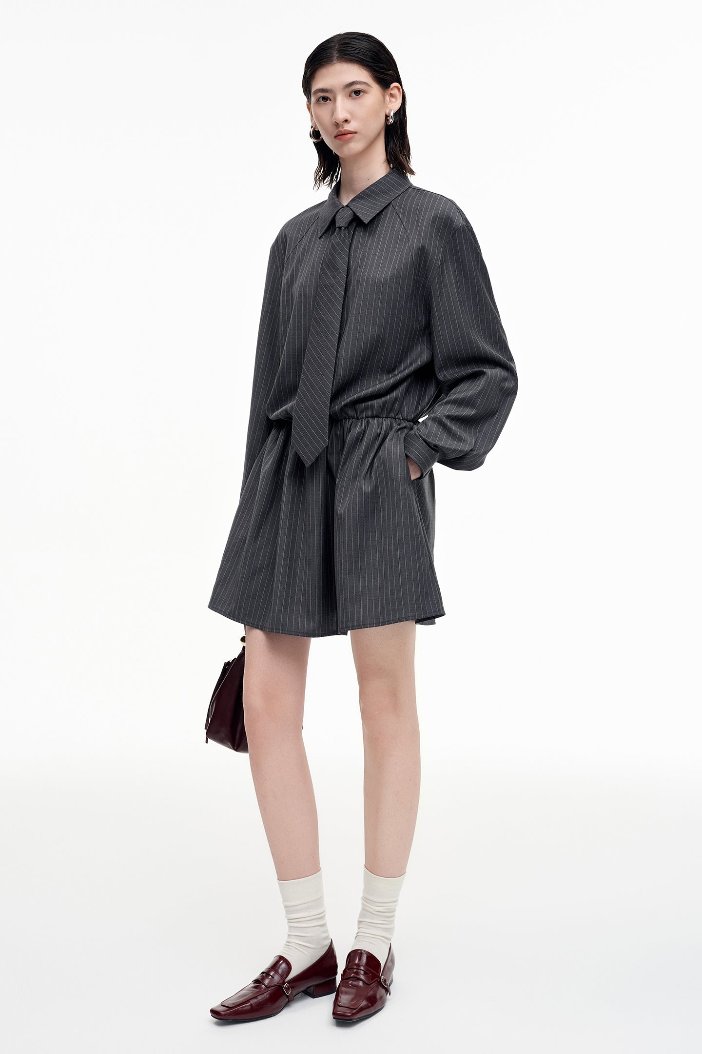 SELFWHO Wool Blend Grey Striped Dress