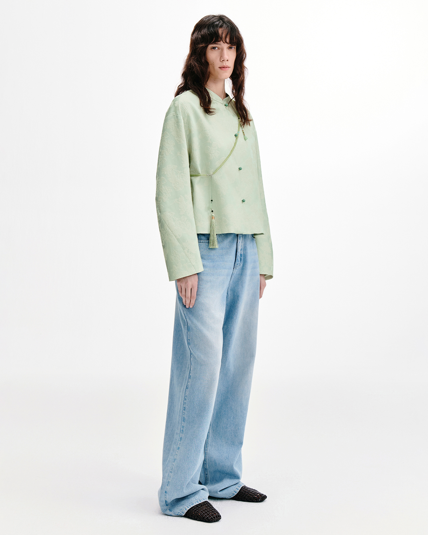 Cocoon-Silhouette Mandarin Jacket with Agate Buttons