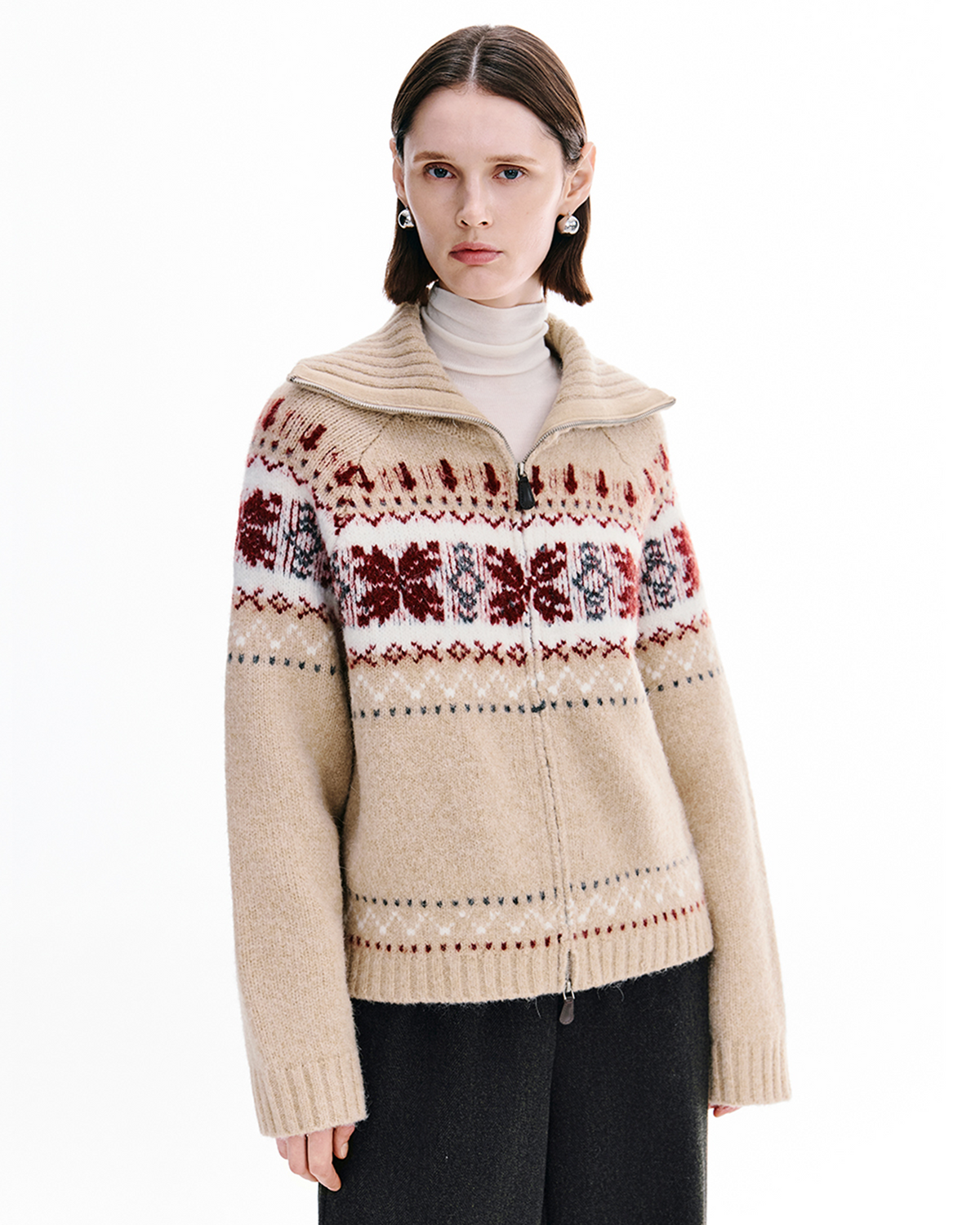 Fair Isle Zip-Up Cardigan – Funnel Neck