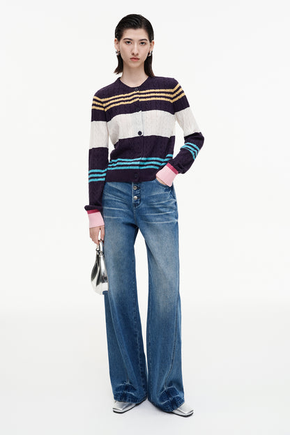 SELFWHO Sheep And Wool Blend Contrast Striped Knitted Cardigan