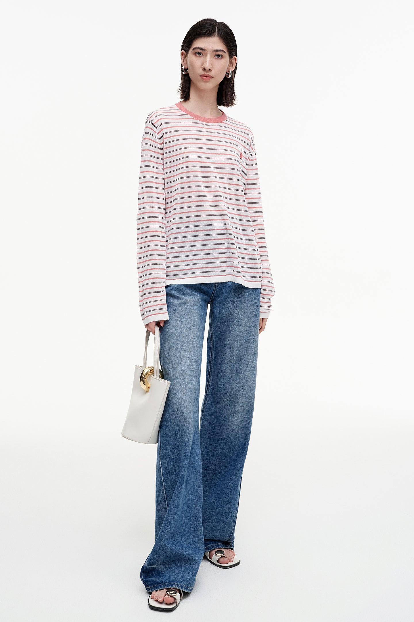 Acetate cotton blend contrast striped long-sleeved T-shirt