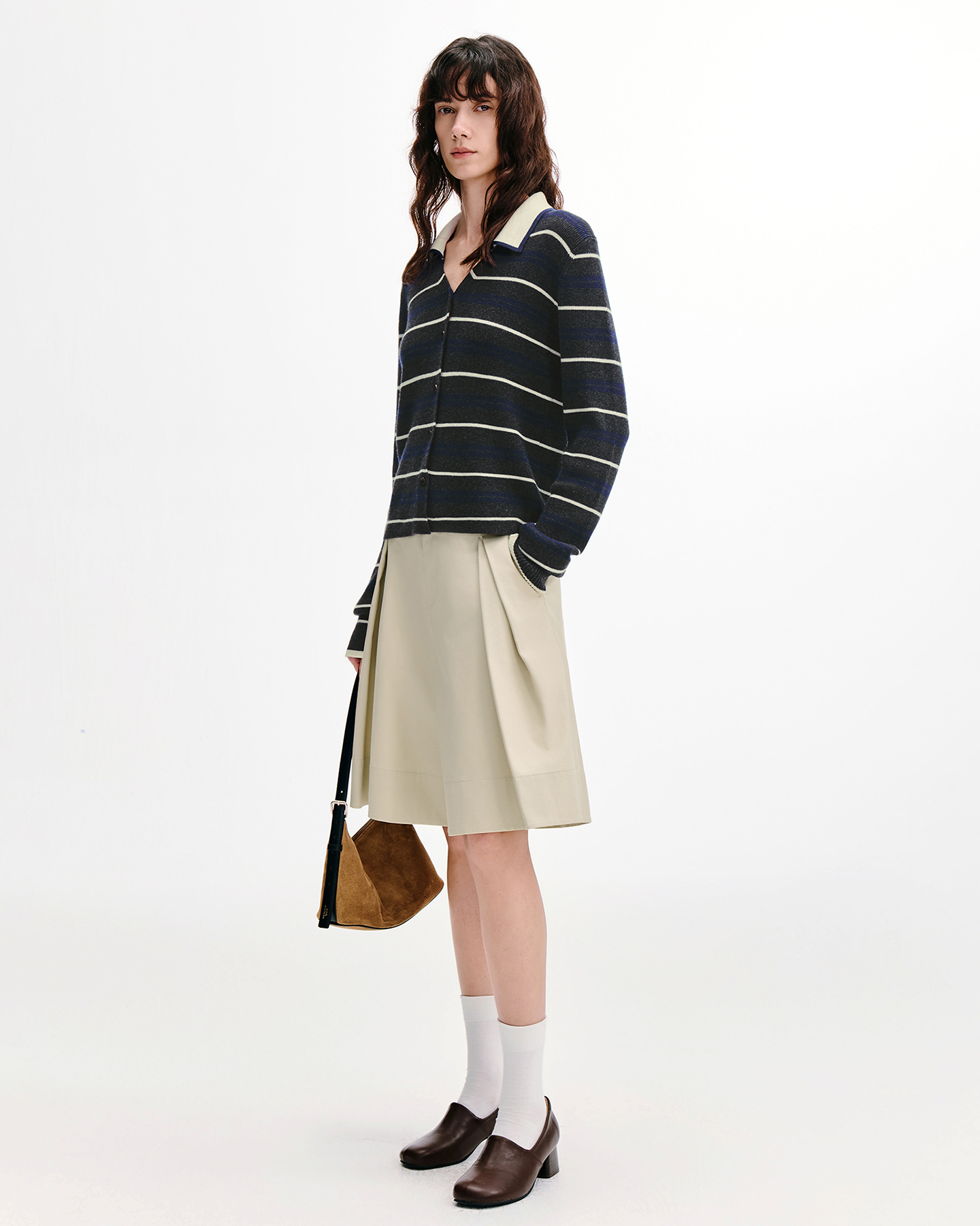 Contrast-Stripe V-Neck Cardigan – Wool Blend