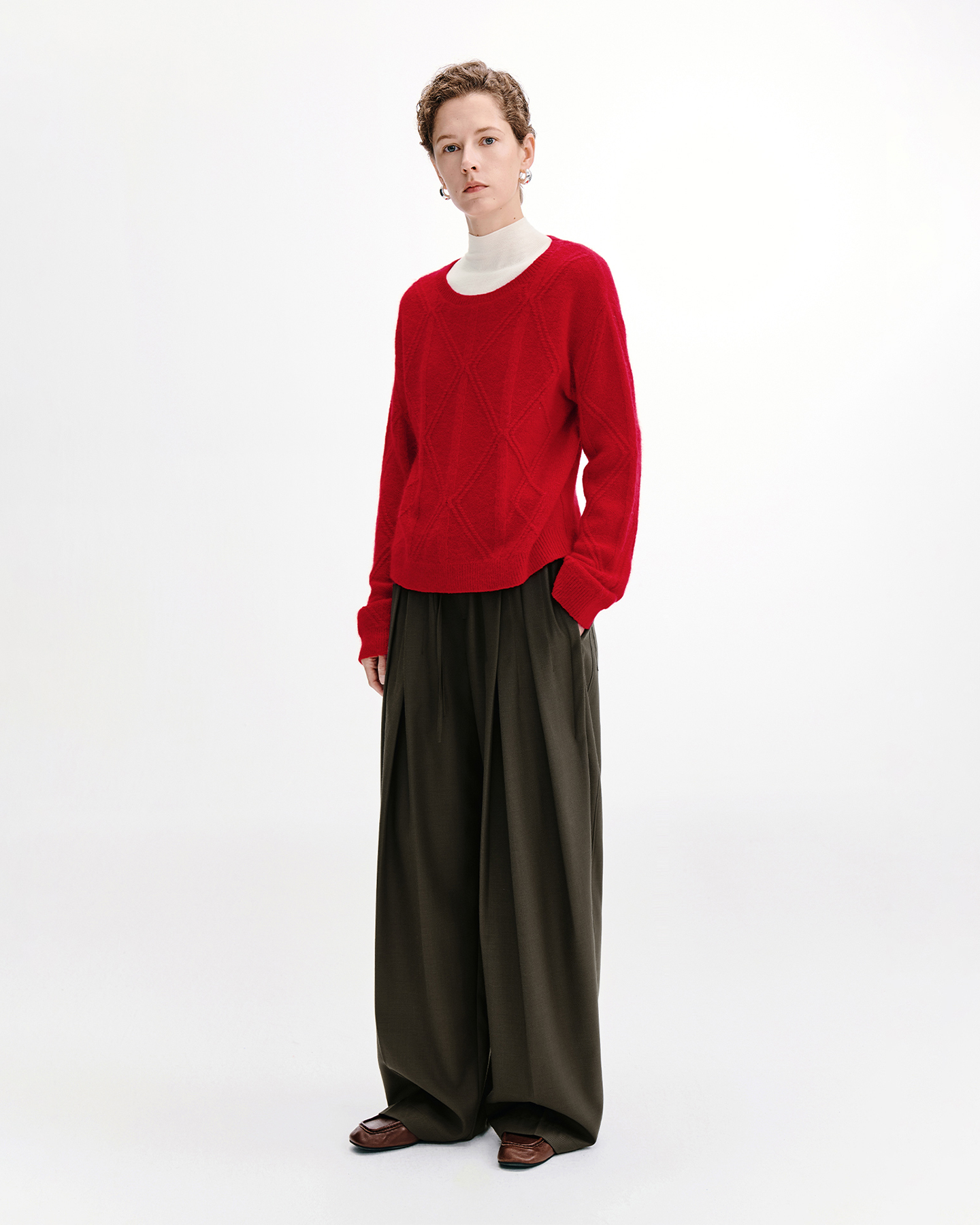 Cable-Knit Check Sweater – Wool Blend