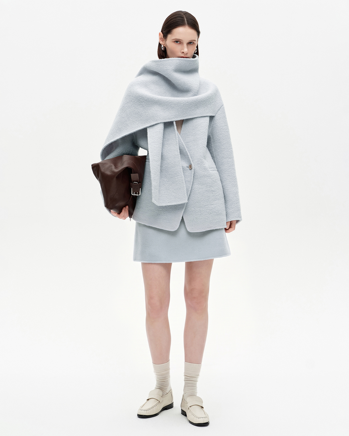 Scarf-Collar Wool Coat & Skirt Set