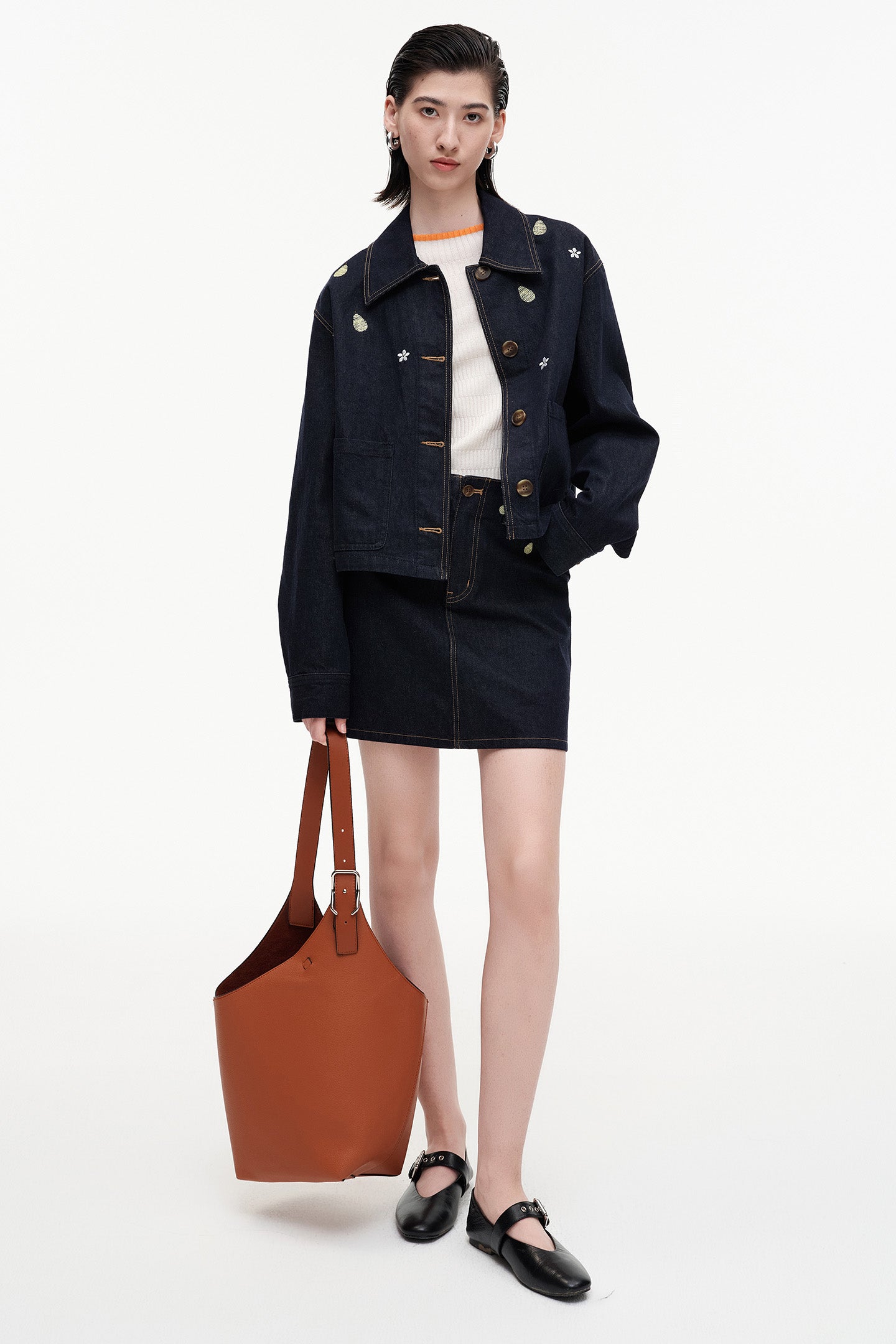 Cotton Blend Benim Jacket With Pear Blossom Embroidery