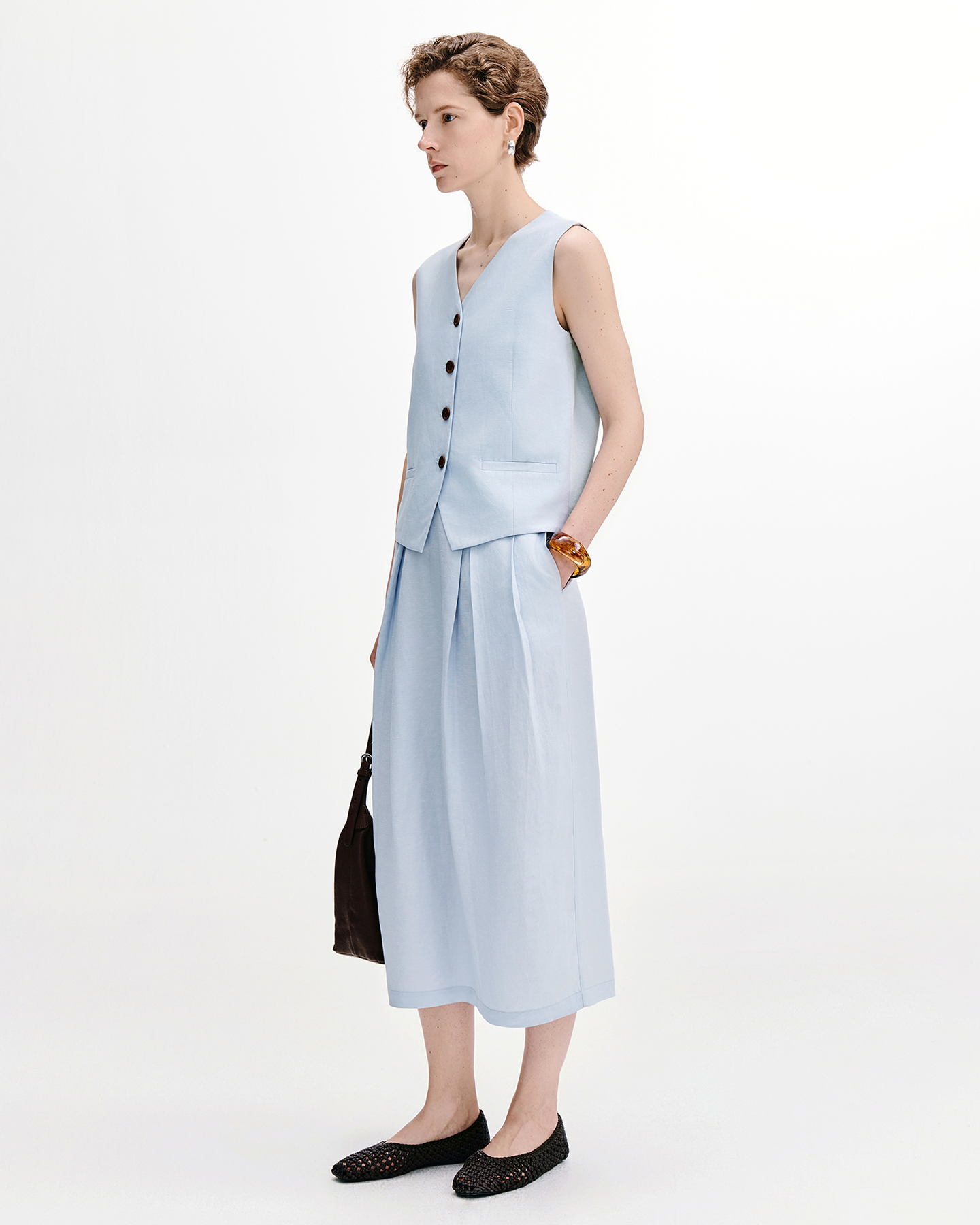 Linen-Blend Vest & Straight Skirt Two-Piece Set