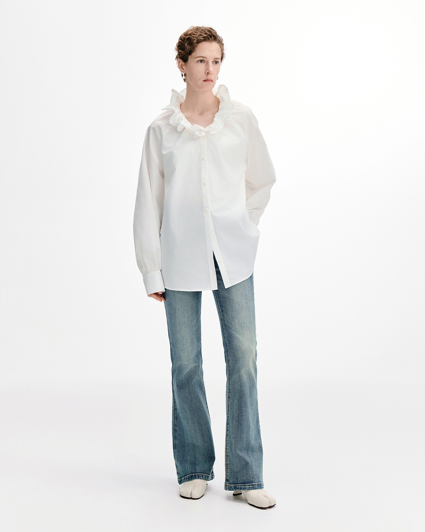 Ruffle-Trim V-Neck Blouse – Relaxed Cotton