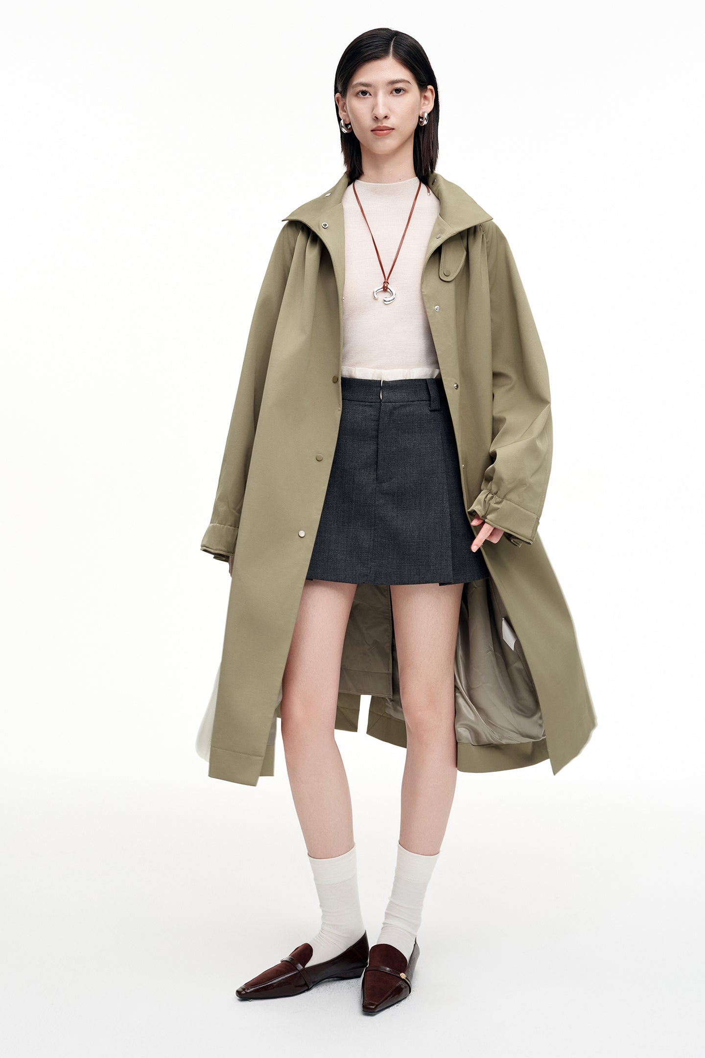SELFWHO Khaki Stand Collar Mid-Length Trench Coat