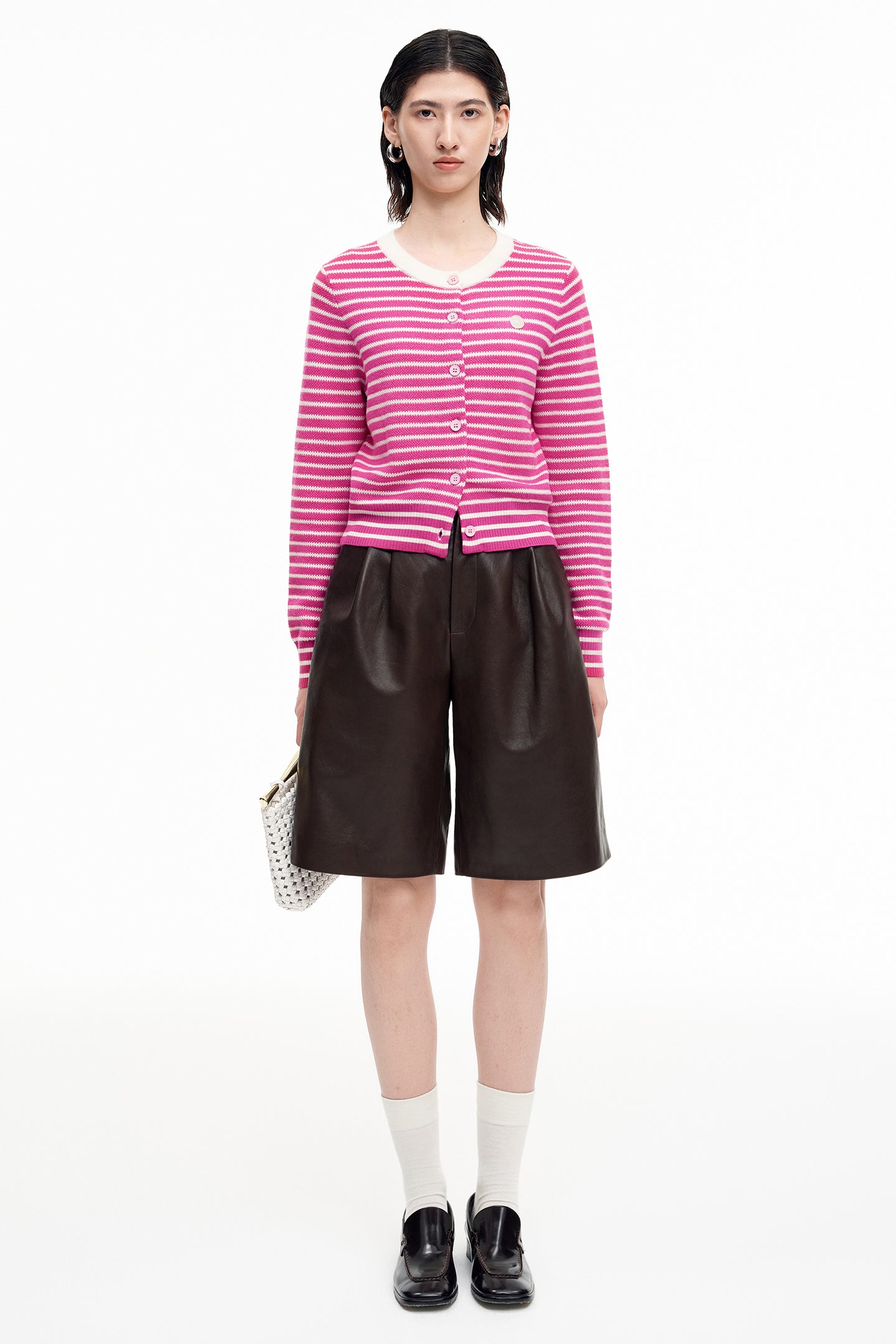 SELFWHO Rose Red Wool Striped Crewneck Knit Top
