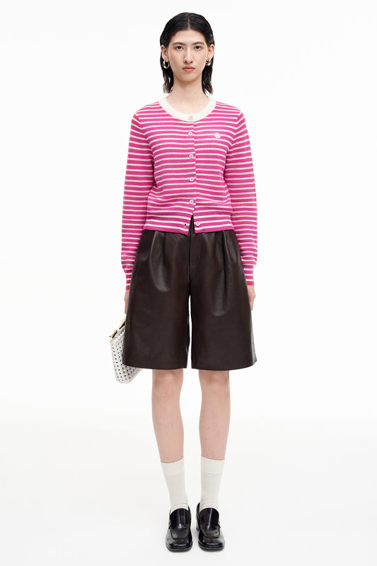 SELFWHO Rose Red Wool Striped Crewneck Knit Top