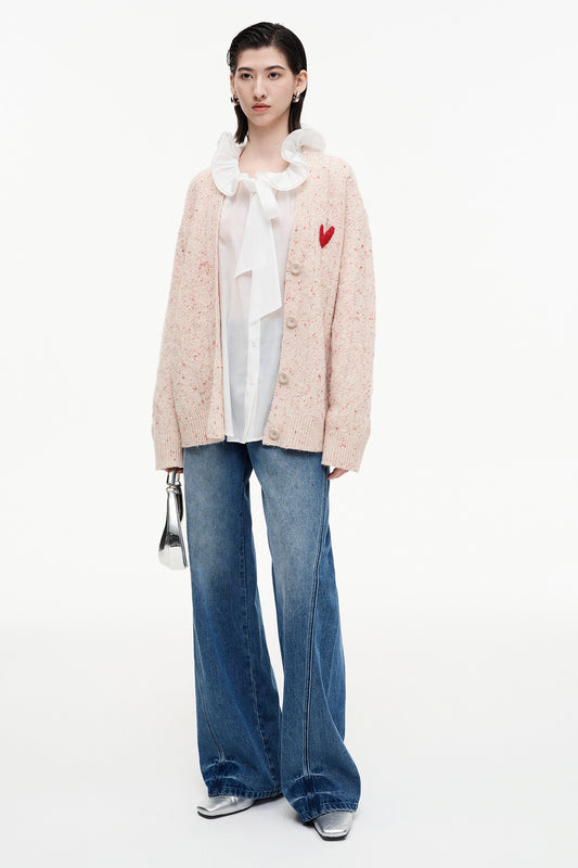 SELFWHO Wool Blend Heart V-Neck Knitted Cardigan