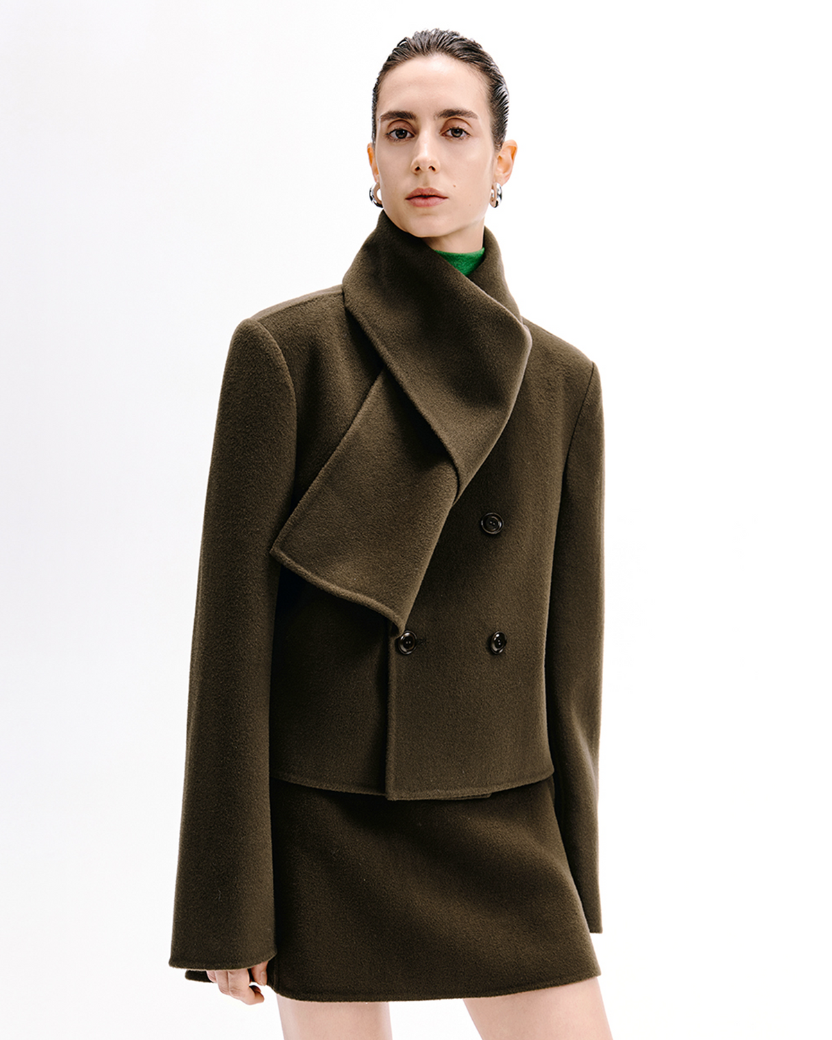 Scarf-Collar Cropped Wool Coat & Skirt Set