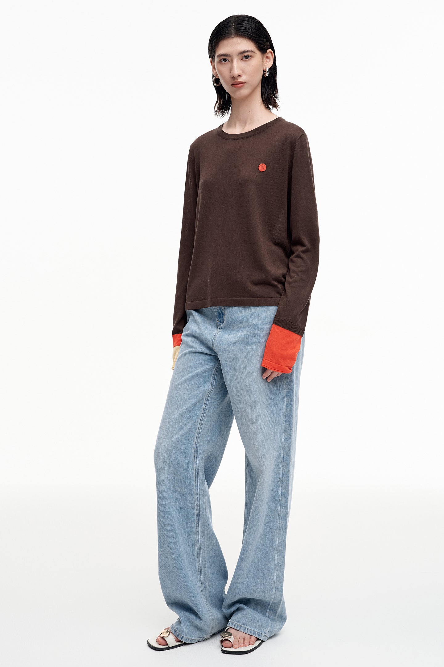Tencel wool blended contrast color long-sleeved T-shirt