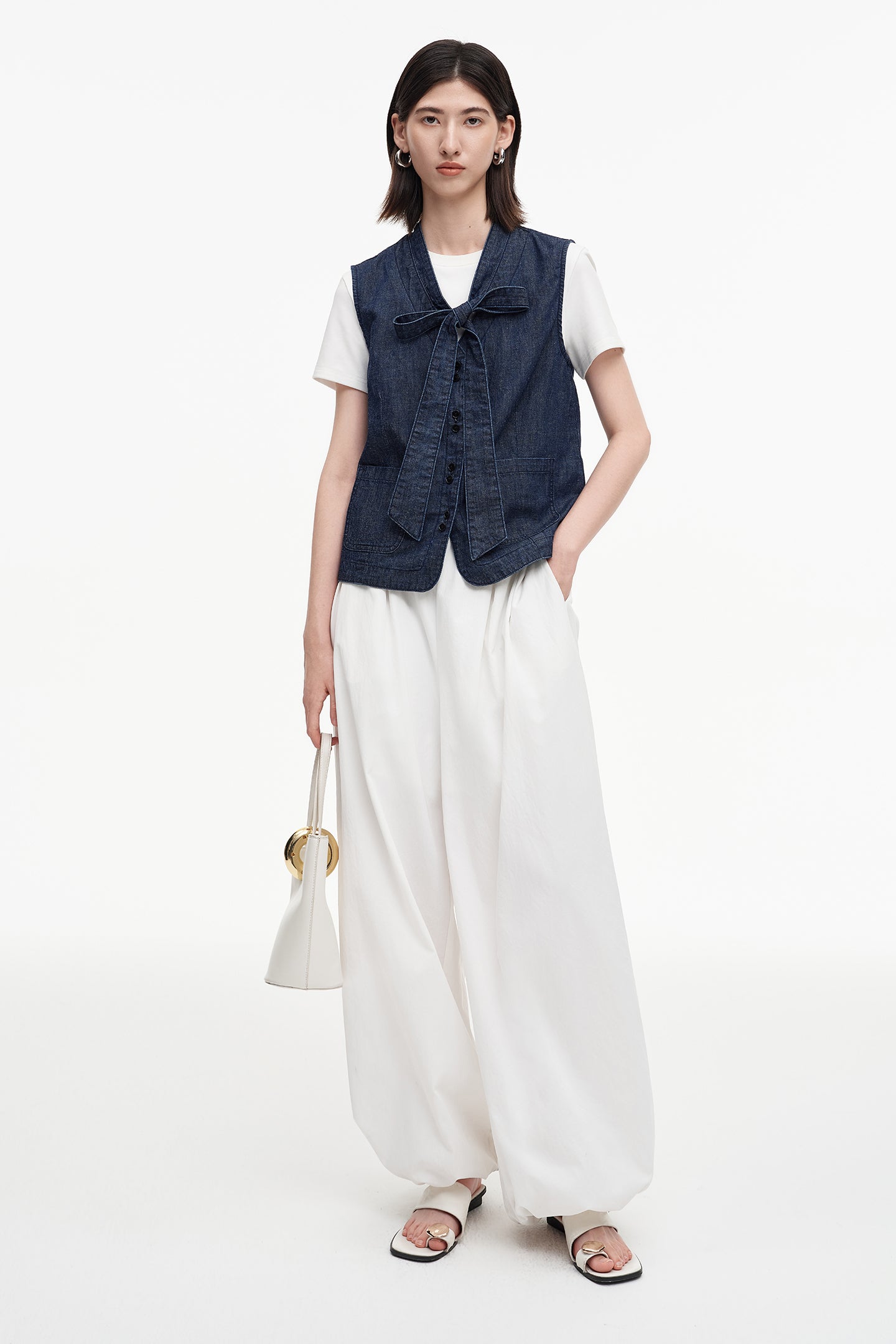SELFWHO cotton and linen blend raw cowboy style vest and denim skirt
