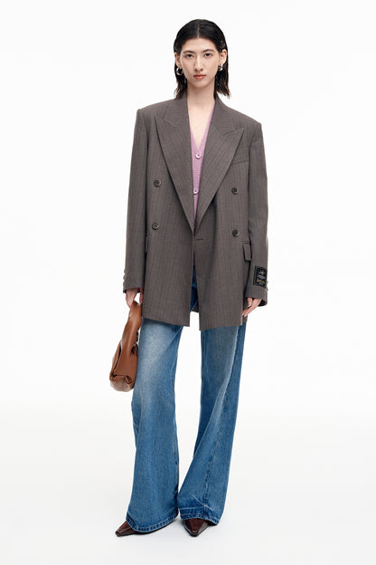 SELFWHO Double-Breasted Dark Striped Suit Jacket