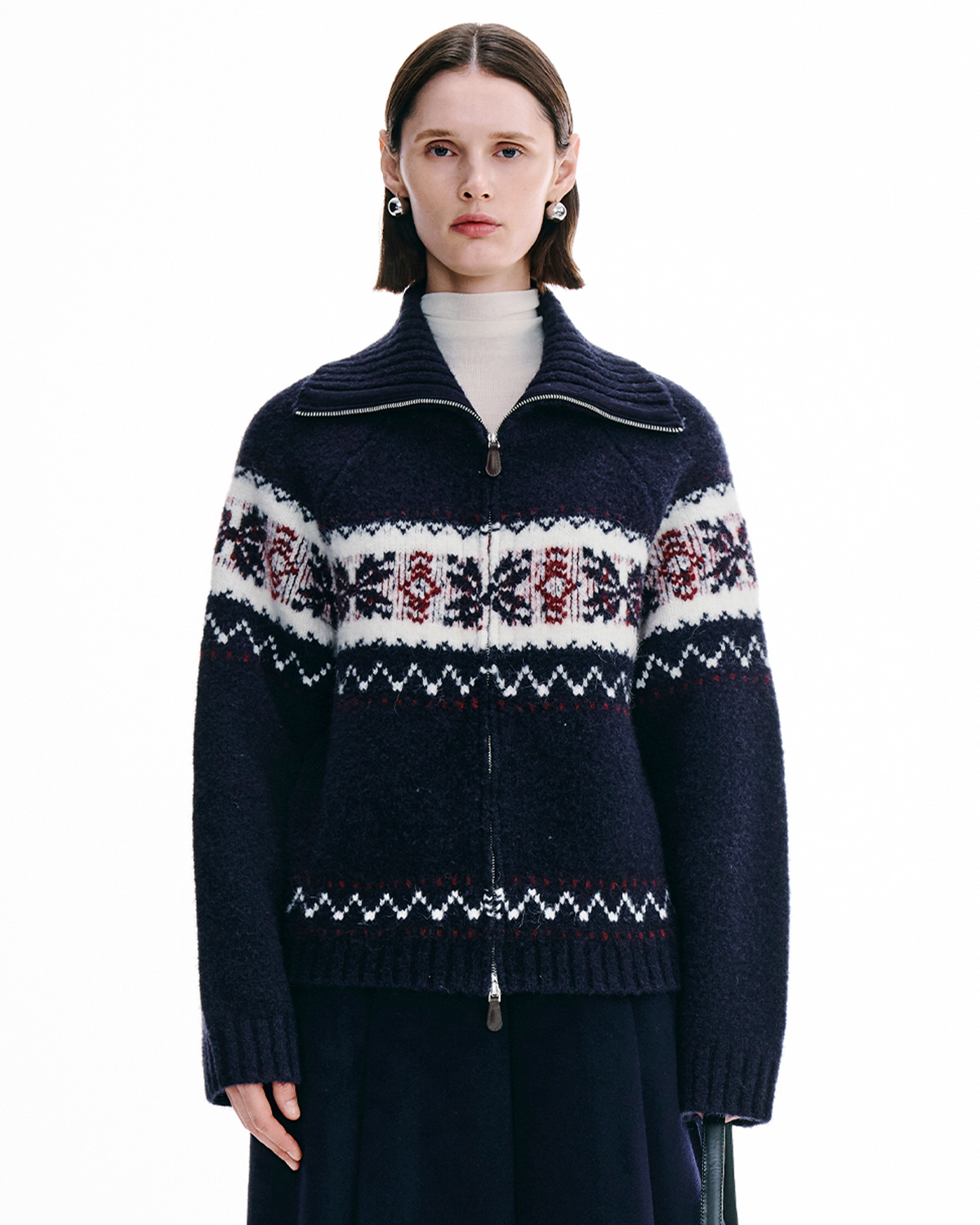 Fair Isle Zip-Up Cardigan – Funnel Neck