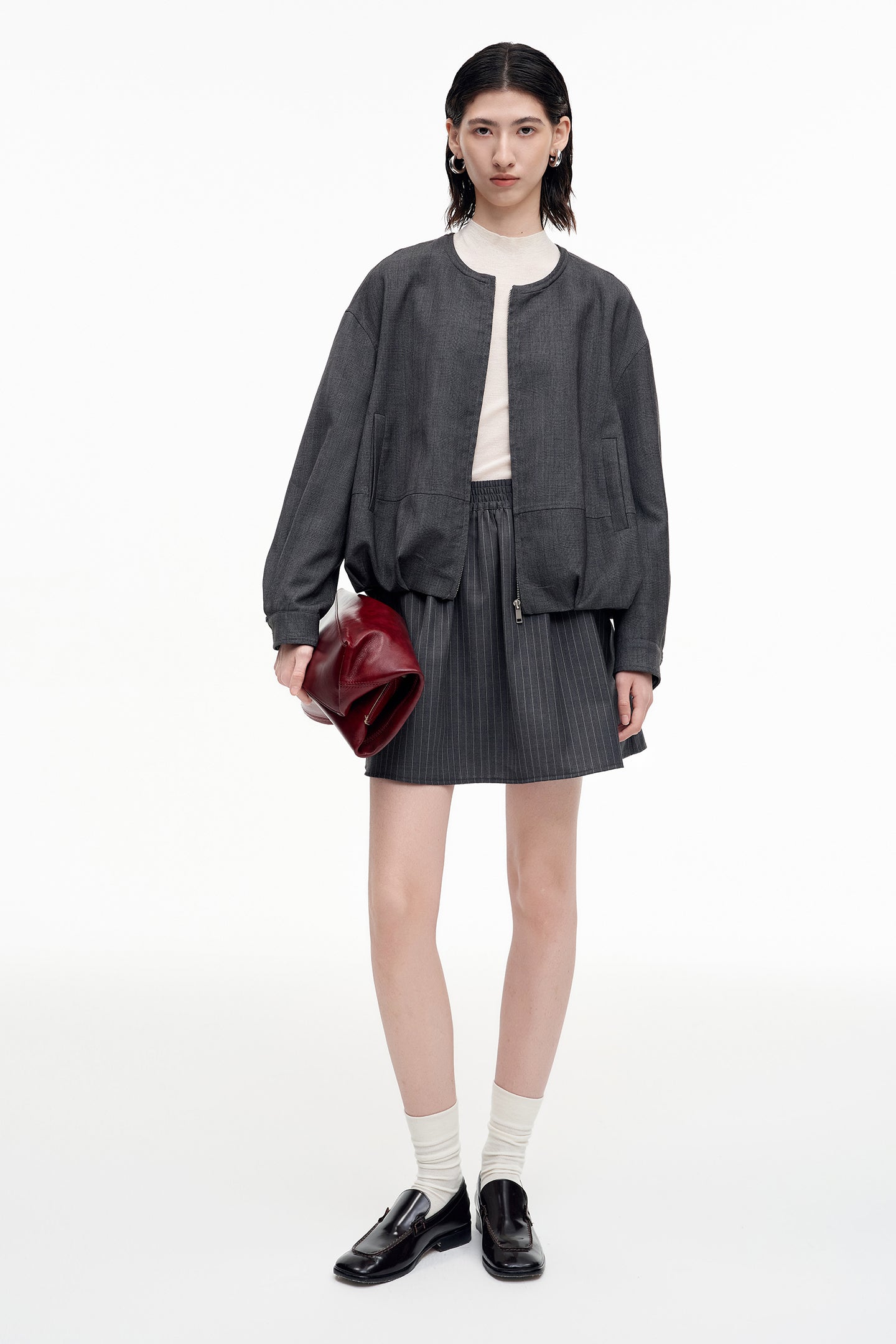 SELFWHO Combed Wool Blend Grey Striped Skirt