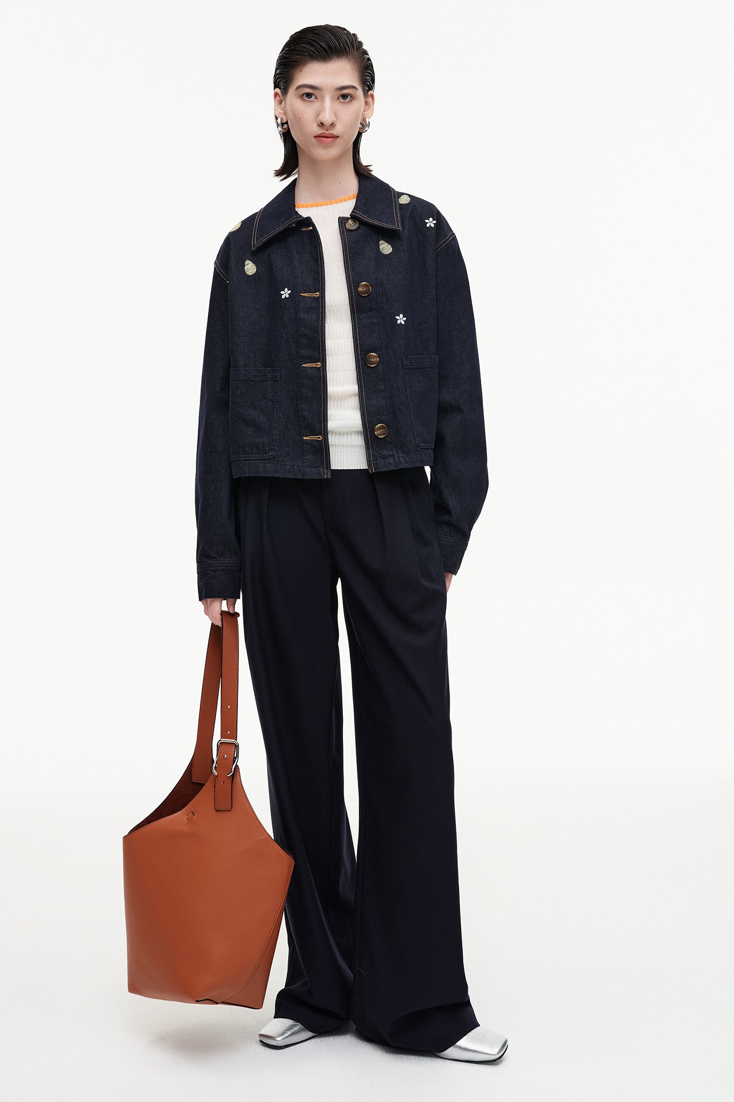 Cotton Blend Benim Jacket With Pear Blossom Embroidery